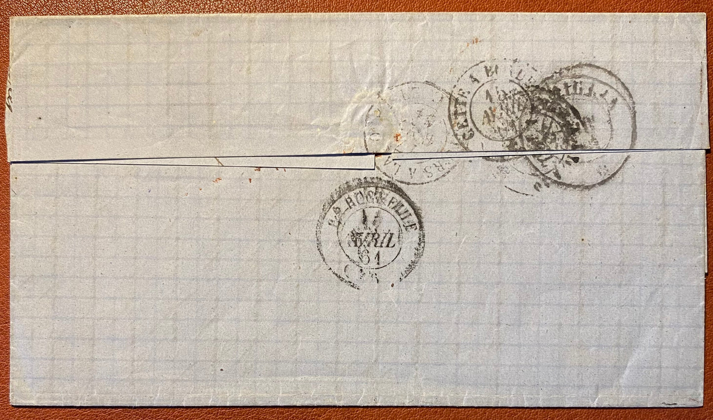 1861 Regno di Sardegna - Francobollo da 40 cent. IV emissione su piego da S. Remo a La Rochelle