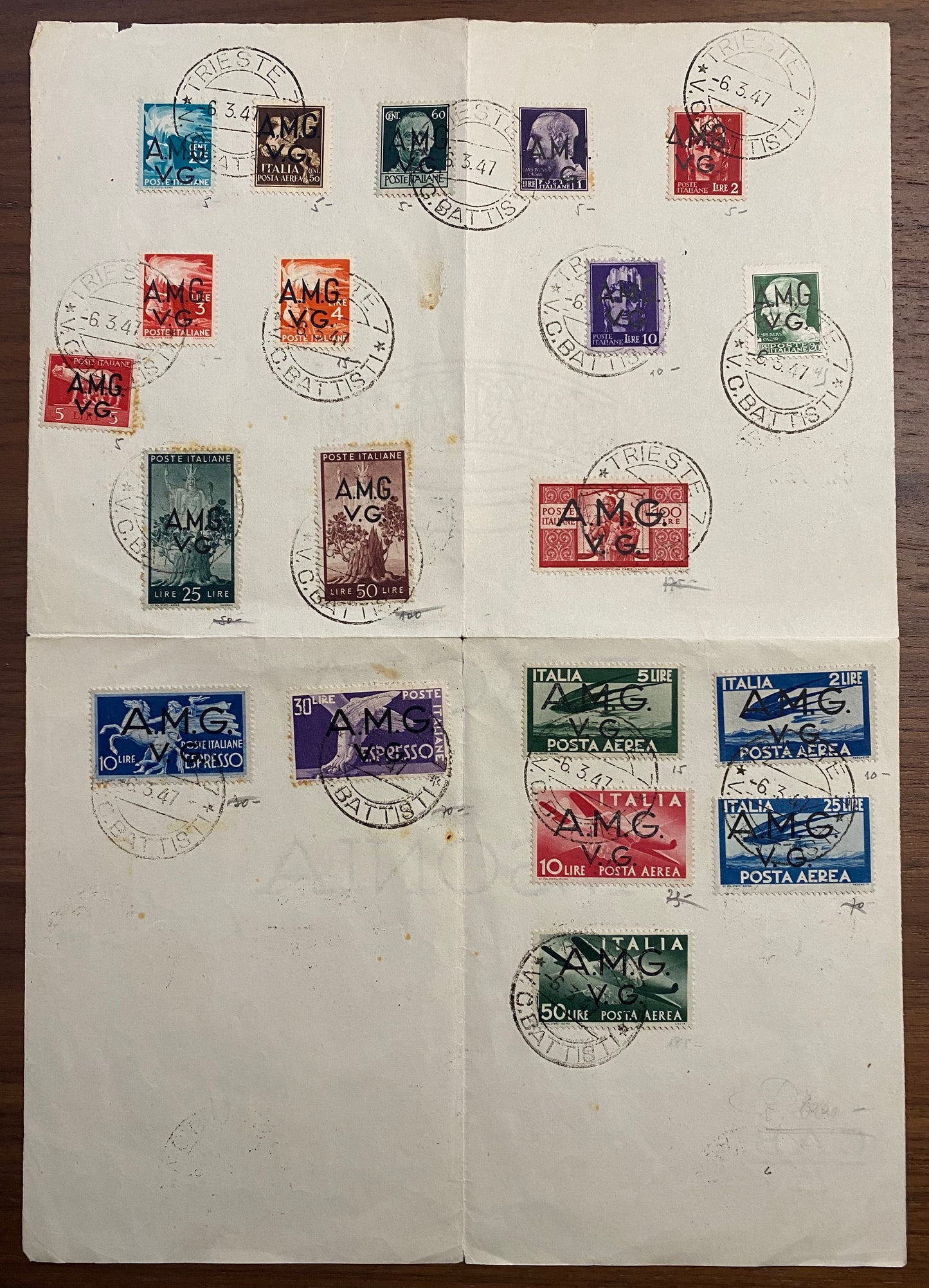 1945/47 Venezia Giulia AMG-VG - Foglio filatelico con serie completa francobolli serie Democratica