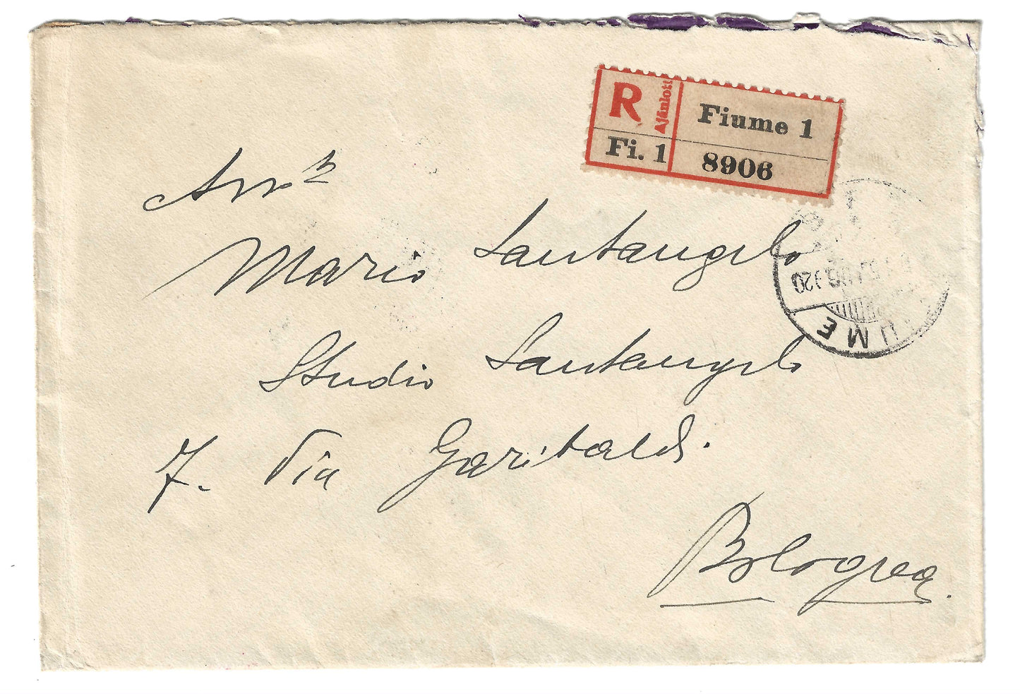 1920 Fiume - Lettera per Bologna con francobolli Valore Globale 15 + 20 c. e 80 c.
