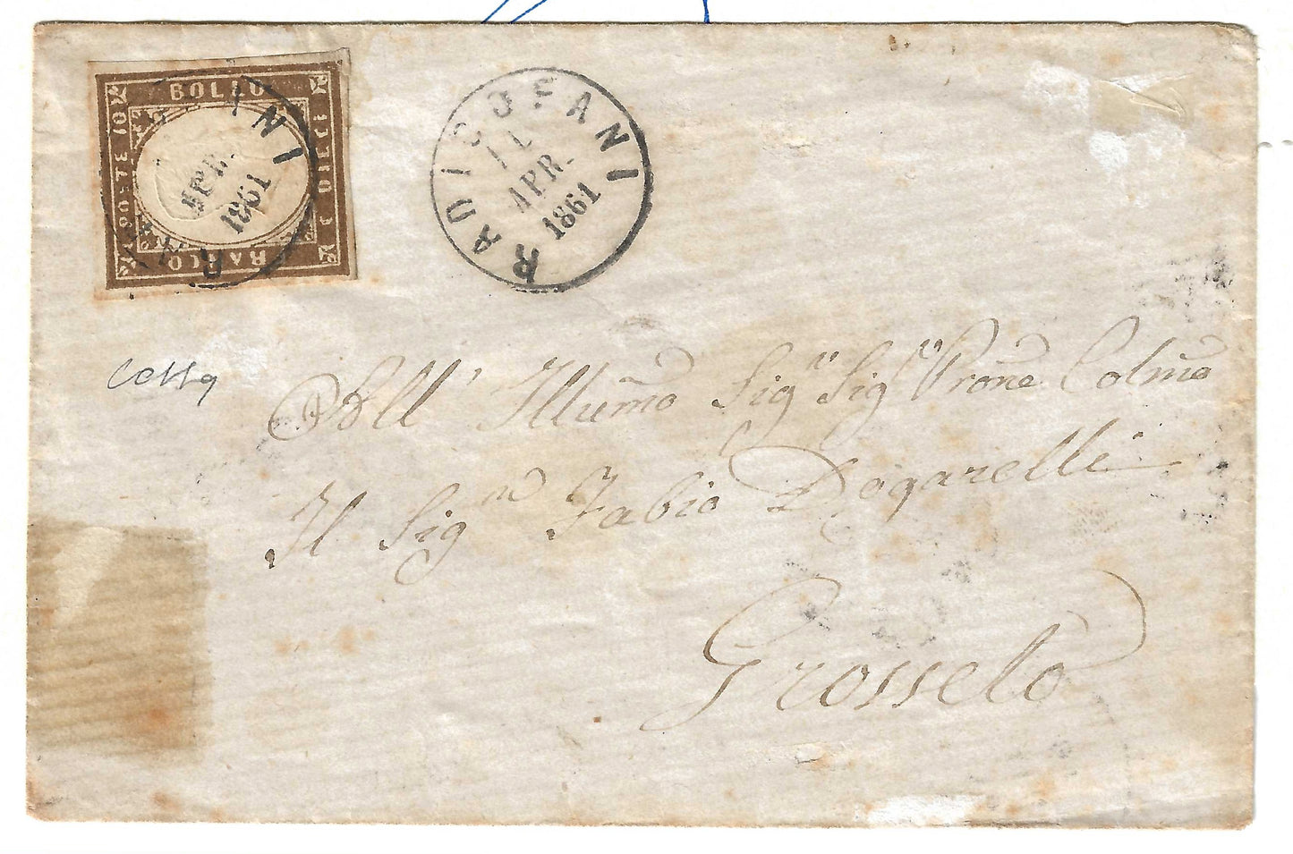 1861 Regno di Sardegna Piego con francobollo 10 c. bruno cioccolato scuro Sassone 14Ce da Radicofani a Grosseto