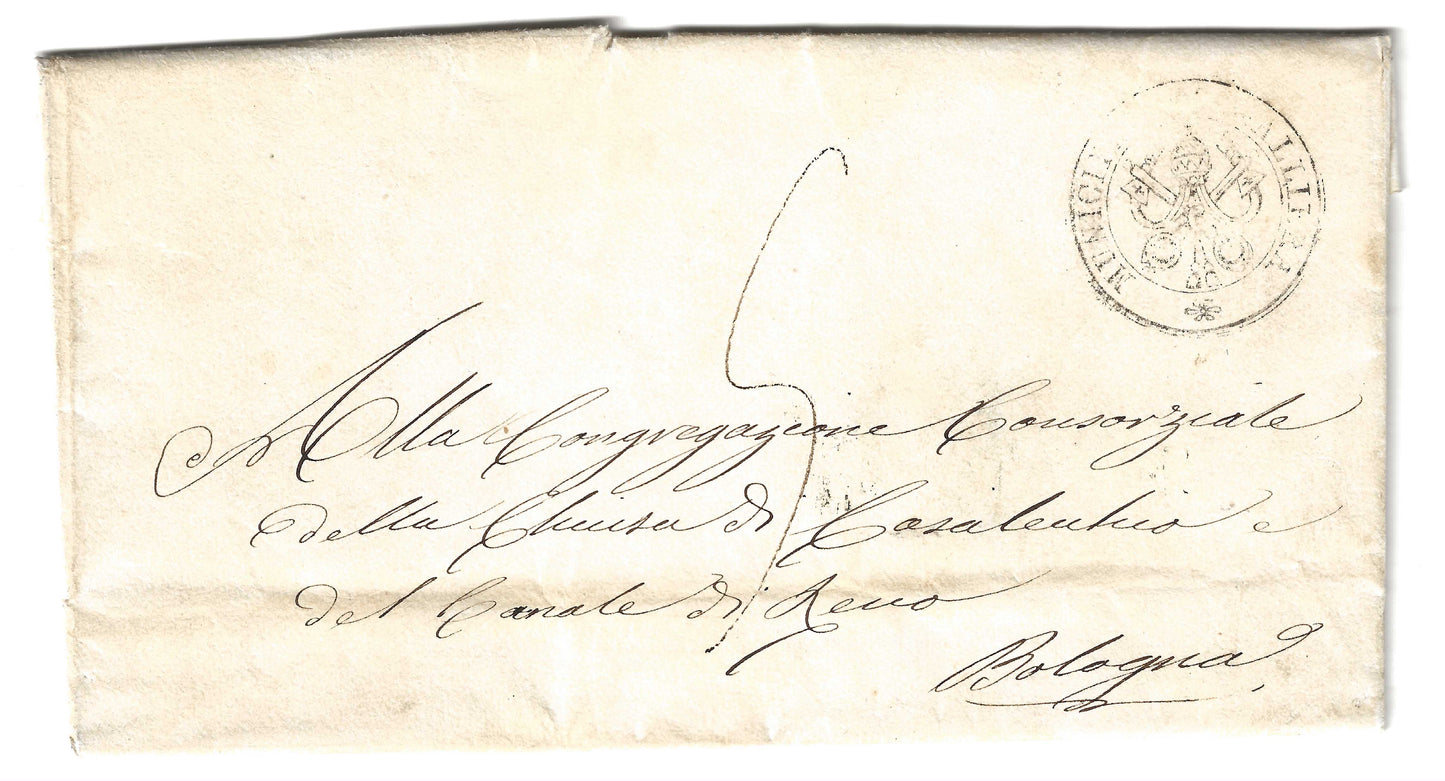 1857 Stato Pontificio - Piego con stampatello dritto di BOLOGNA con francobolli da 1 e 4 baj.