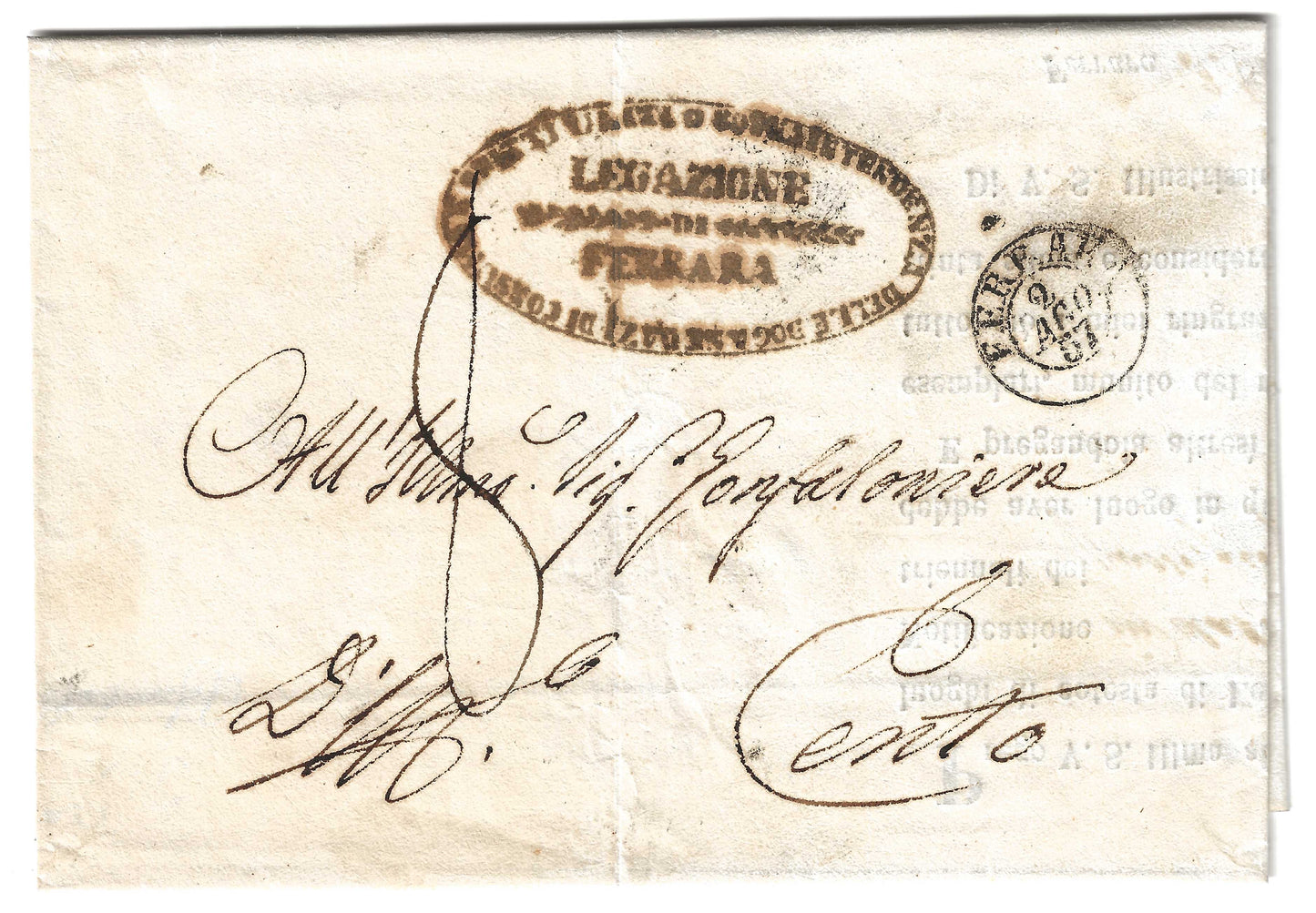 1857 Stato Pontificio - Piego da Ferrara a Cento con francobolli da 1 e 7 baj. I emissione