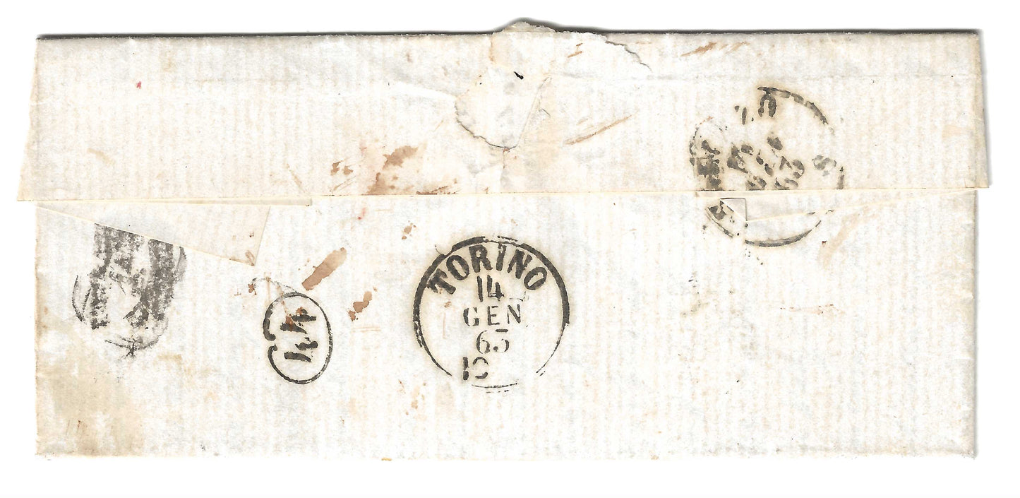 1863 Regno d'Italia - Piego da VERZUOLO a Torino con francobollo da 15 c. tipo Sardegna