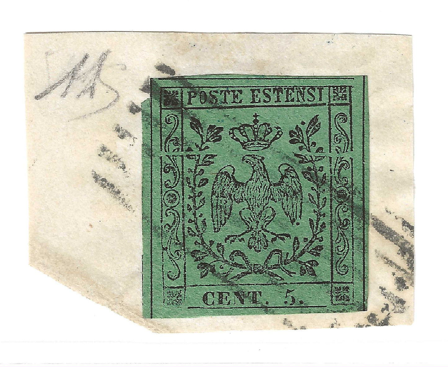 1852 Ducato di Modena - 5 c. verde con punto grandi margini su frammento firma A. Diena