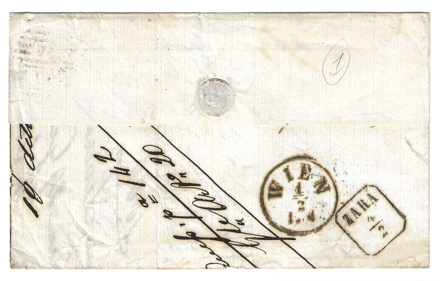 1865 Gran Bretagna - Francobollo da 6 p. violetto su piego di lettera per la Dalmazia