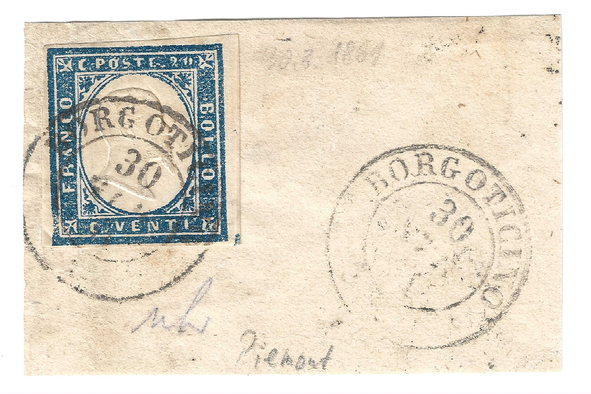 1860 Regno di Sardegna - Frammento con francobollo 20 c. cobalto grigio annullo di Borgoticino
