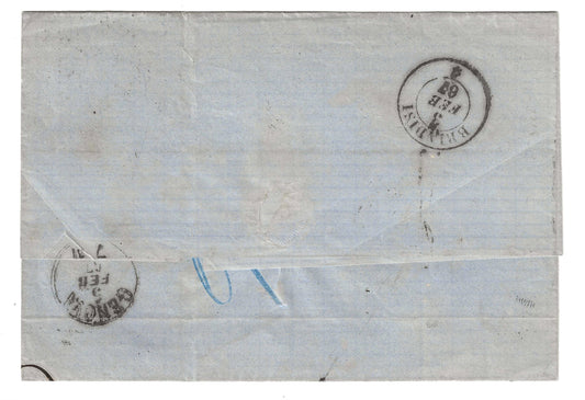 1867 Regno d'Italia - Piego per Genova con francobollo da 60 c. DLR con raro annullo Alessandria d'Egitto senza ore