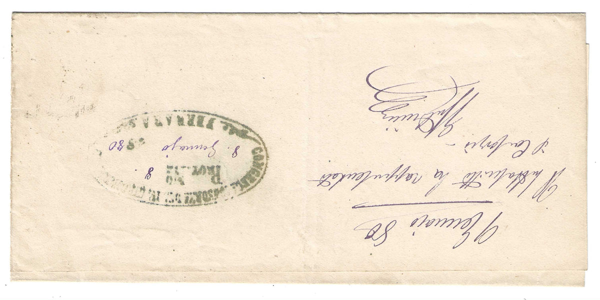 1878 Regno d'Italia - Francobollo da 2 c. su 0,05 lacca Servizio di Stato su piego annullo di Ferrara