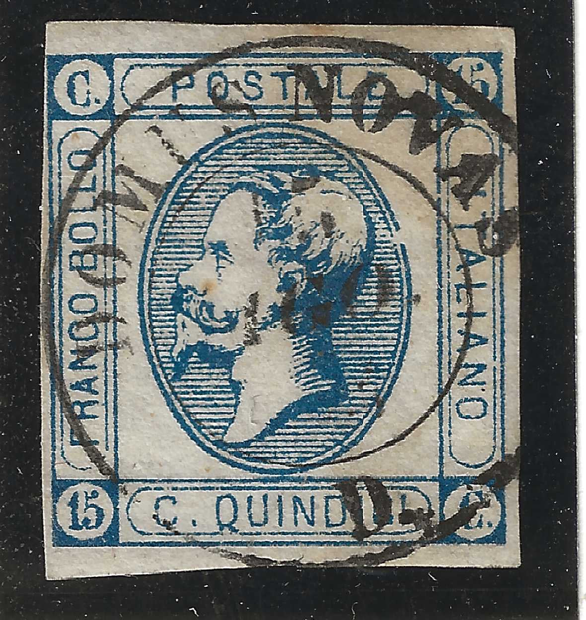 1863 Regno d'Italia - Francobollo da 15 c. litografico del II tipo con raro annullo DOMUS NOVAS