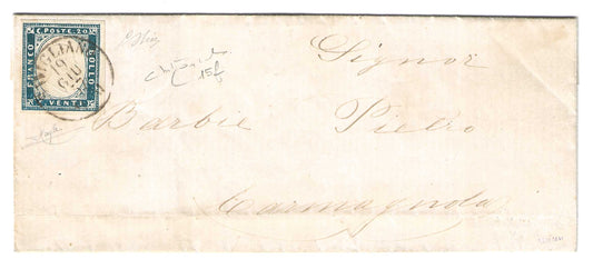1857 Regno di Sardegna - Piego da Savigliano a Carmagnola con francobollo da 20 c. celeste IV emissione