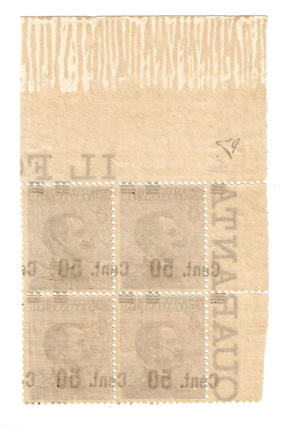1923 Regno d'Italia - Quartina di francobolli 50 su 40 c. Michetti soprastampa spostata MNH**