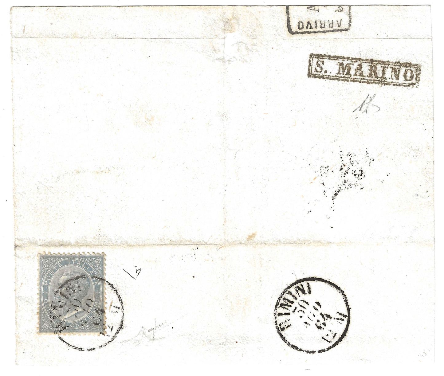 1864 Regno d'Italia Frammento con annullo in cartella S. Marino e francobollo da 15 cent. serie De La Rue