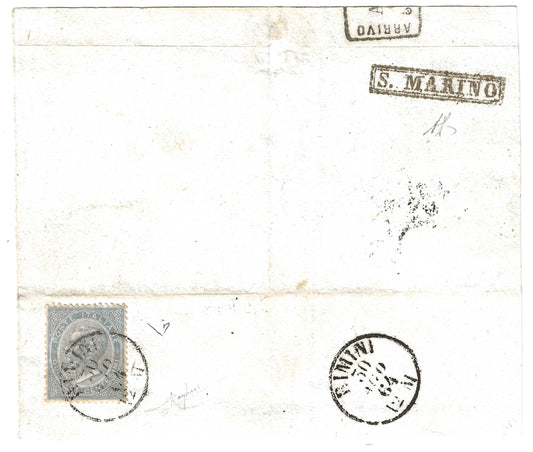 1864 Regno d'Italia Frammento con annullo in cartella S. Marino e francobollo da 15 cent. serie De La Rue