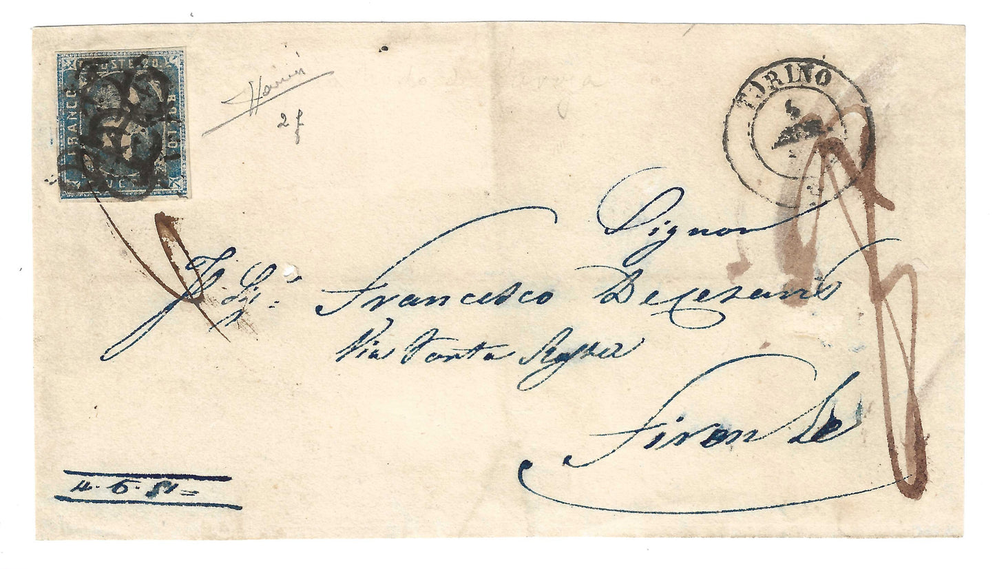 1851 Regno di Sardegna - Frontespizio con francobollo da 20 c. I emissione con tripla impronta Nodo di Savoia
