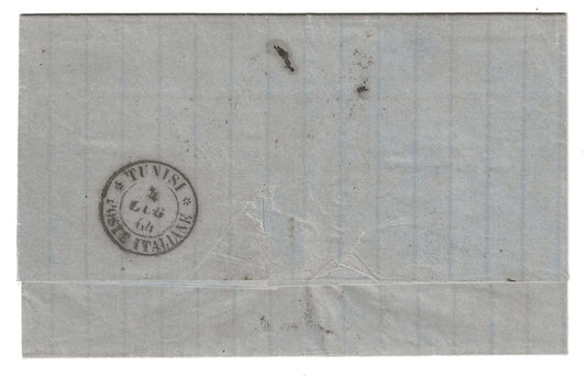 1864 Regno d'Italia - Piego con coppia francobolli 40 c. De La Rue Londra per Tunisi annullo Piroscafi Postali Italiani
