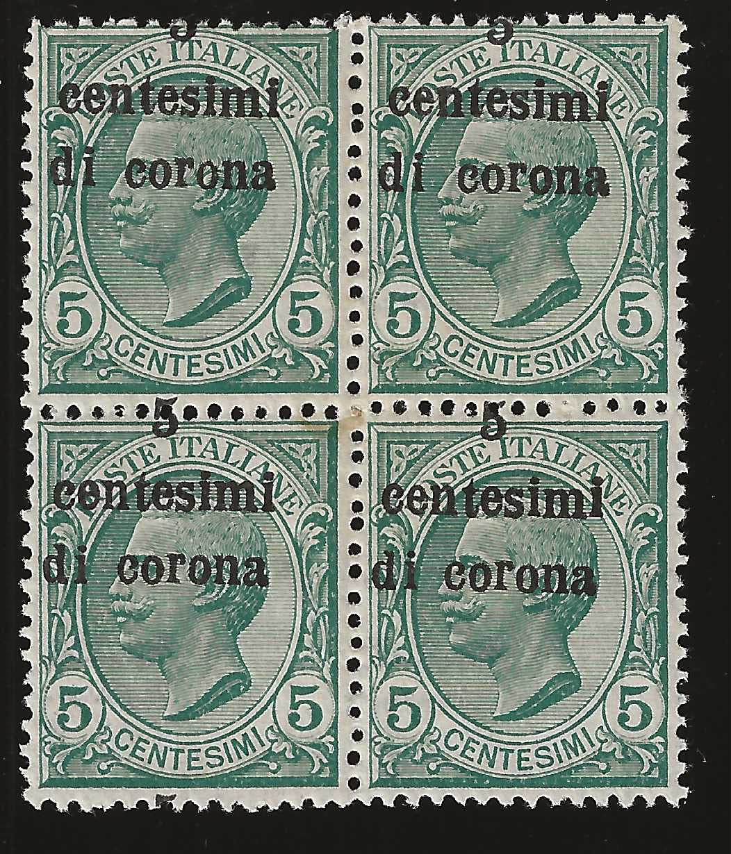 1919 Trento e Trieste - Francobolli da 5 c. su 5 c. verde in quartina soprastampa spostata MNH**