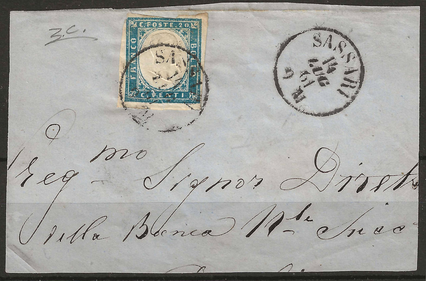 1861 Regno di Sardegna Frammento con francobollo 20 c. cobalto raro Sassone 15De