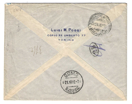 1912 Regno d'Italia Busta per Como con francobolli serie Floreale, Leoni e Campanile S. Marco