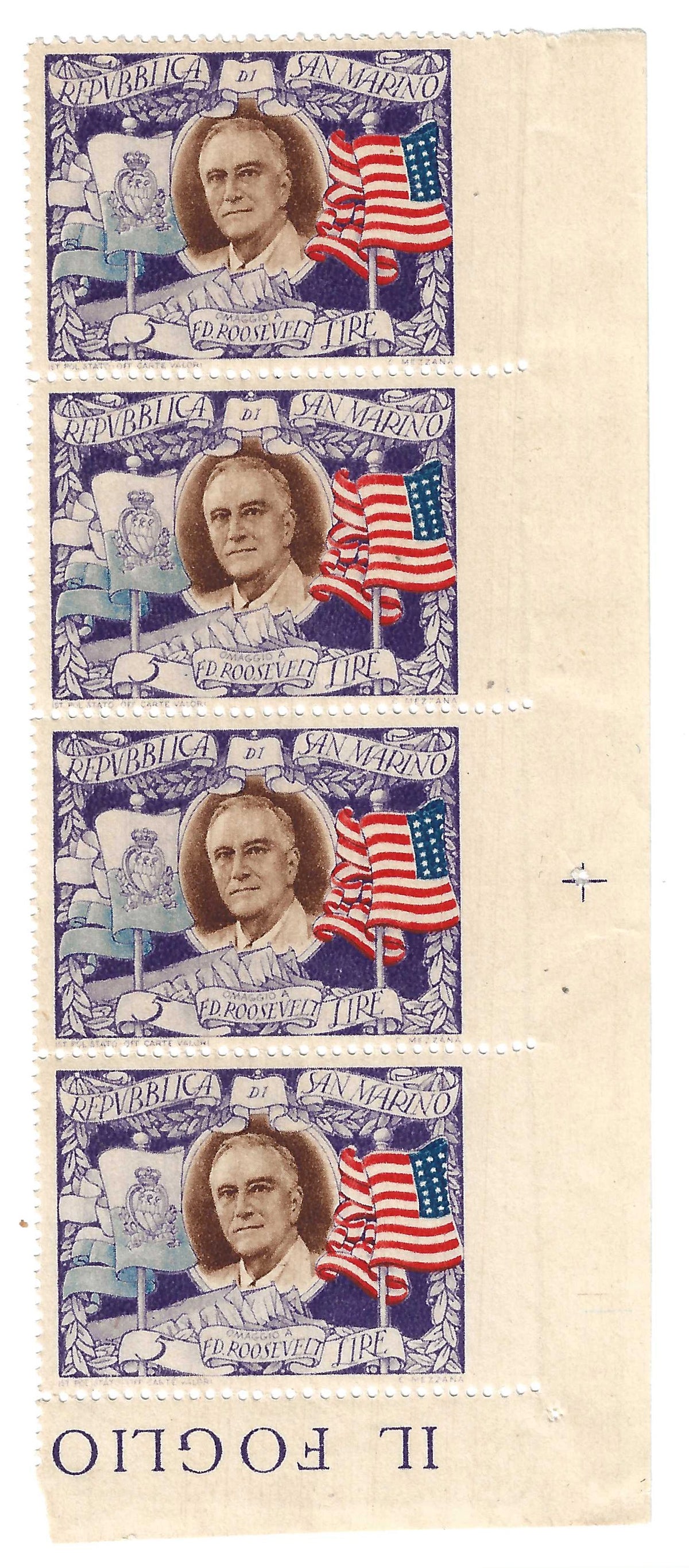 1947 San Marino - Francobolli da 5 l. Roosevelt in striscia bordo di foglio non dentellati MNH**