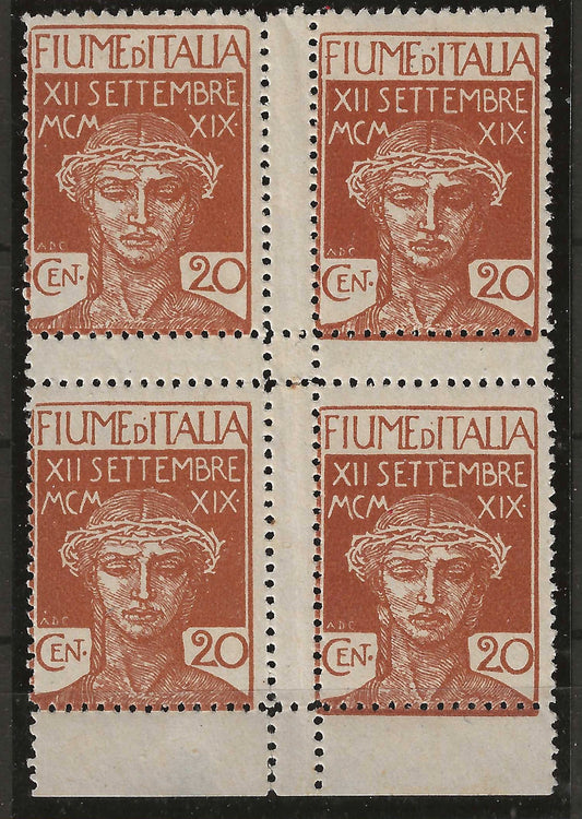1920 Fiume - Blocco rarissimo di francobolli Ingresso Legionari "FIUME d'ITALIA" unico noto MNH**