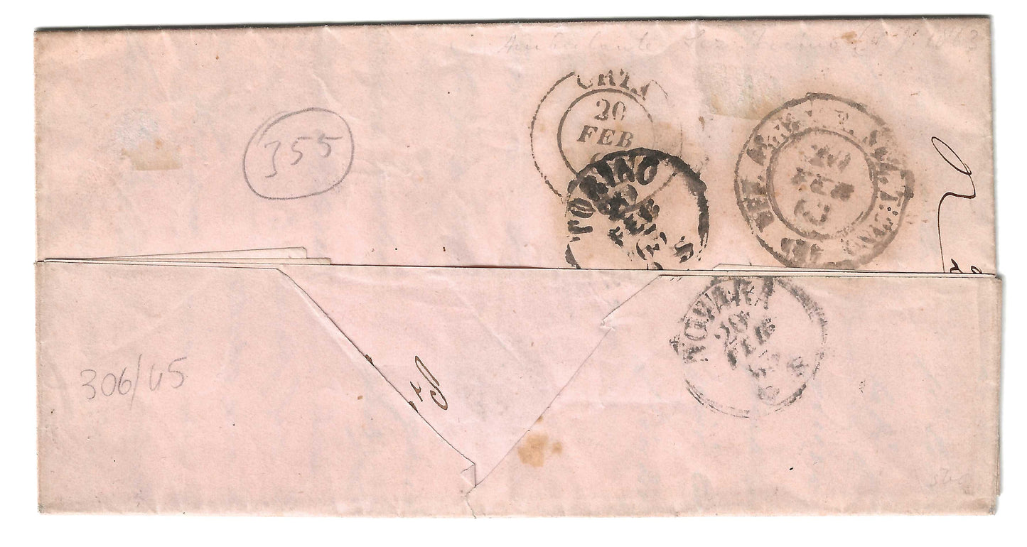 1863 Regno d'Italia - Piego da MIASINO a Torino con francobollo da 15 c. tipo Sardegna
