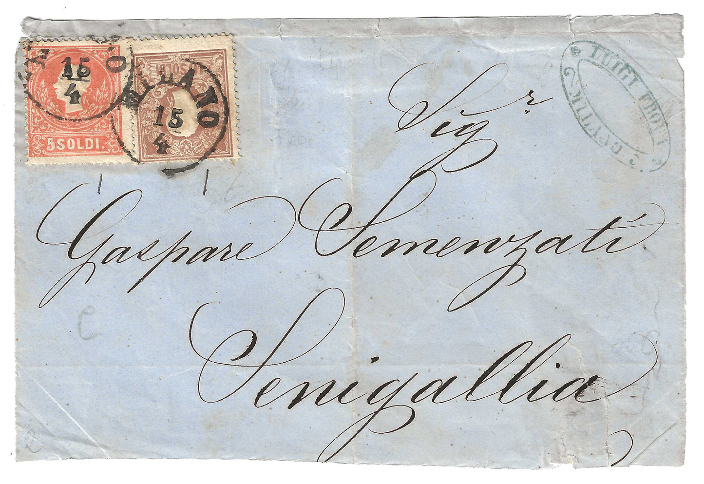 1858 Regno Lombardo Veneto - Frontespizio con affrancatura bicolore II emissione con francobolli da 5 + 10 soldi