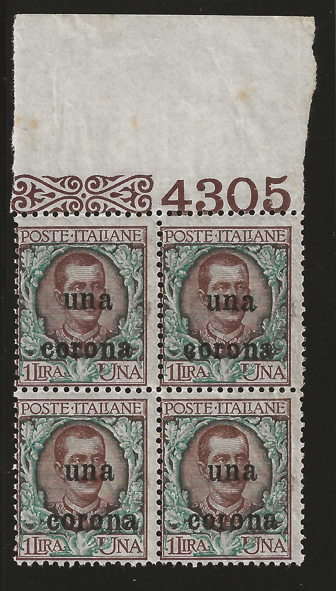 1919 Occupazioni Dalmazia - Quartina bordo foglio francobollo da 1 c. Floreale num. 4305 MNH**