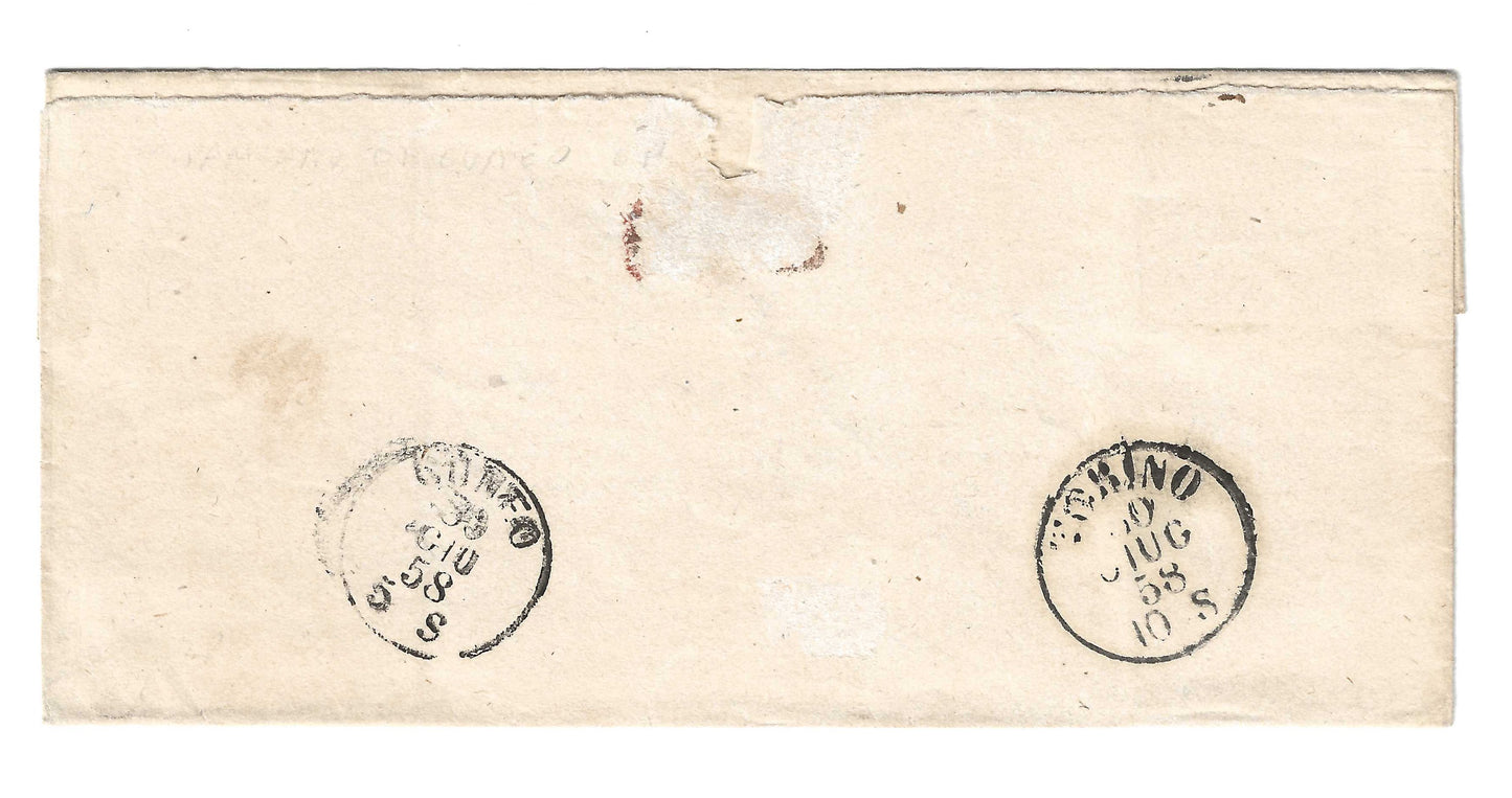 1858 Regno di Sardegna - Piego di lettera da S. DAMIANO DI CUNEO a Torino con francobollo da 20 c. IV emissione