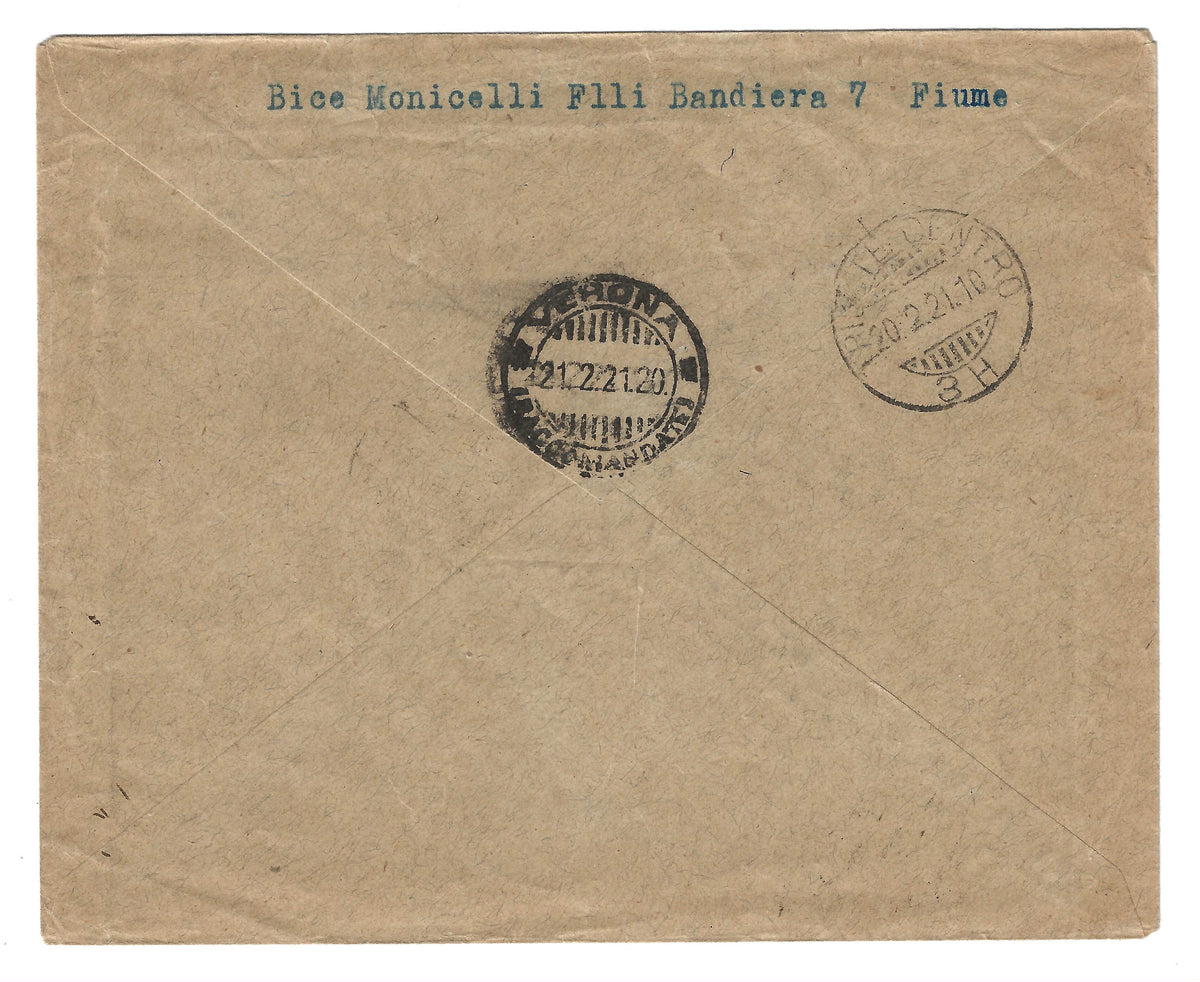 1921 Fiume - Busta per Verona con francobolli da 30 e 50 c. Governo Provvisorio D'Annunzio