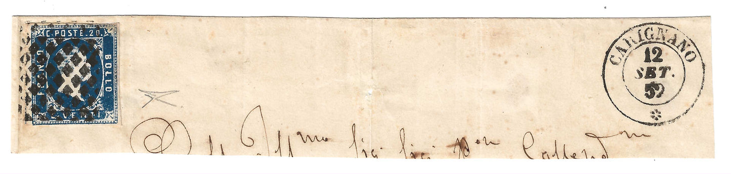 1851 Regno di Sardegna - Grande frammento annullo raro di CARIGNANO con francobollo da 20 c. azzurro