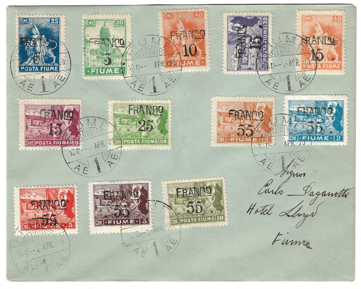 1920 Fiume - Busta filatelica con francobolli serie Allegorie e vedute soprastampati vari