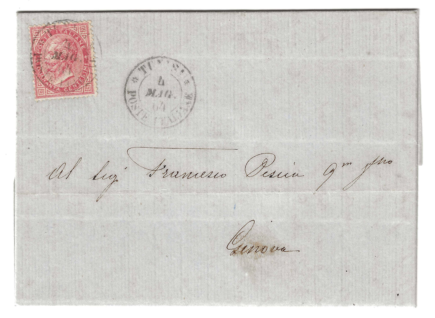 1864 Regno d'Italia - Piego con francobollo da 40 cent. De La Rue Londra e annullo di Tunisi per Genova