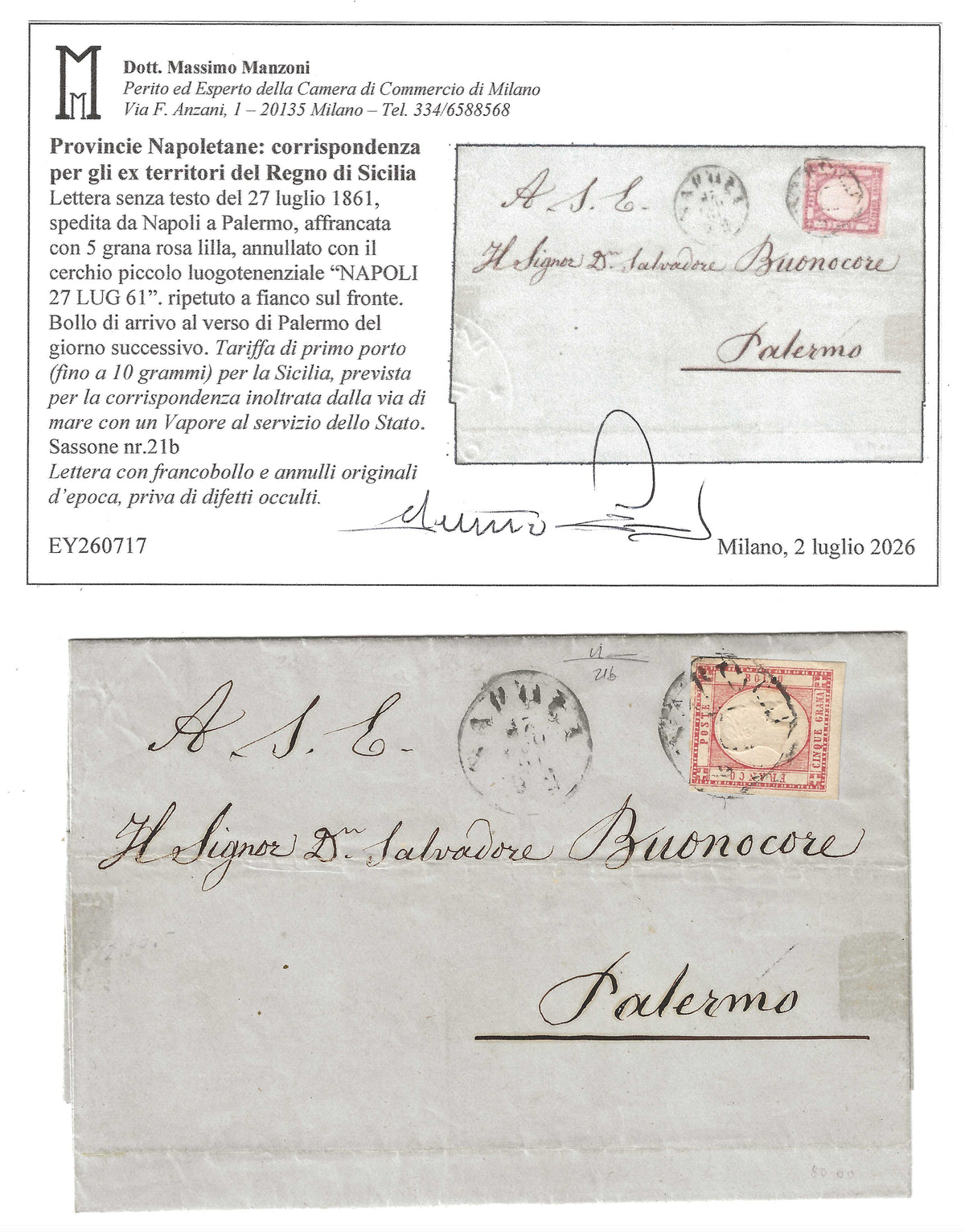1861 Province Napoletane - Francobollo da 5 grana rosa lilla su lettera per Palermo