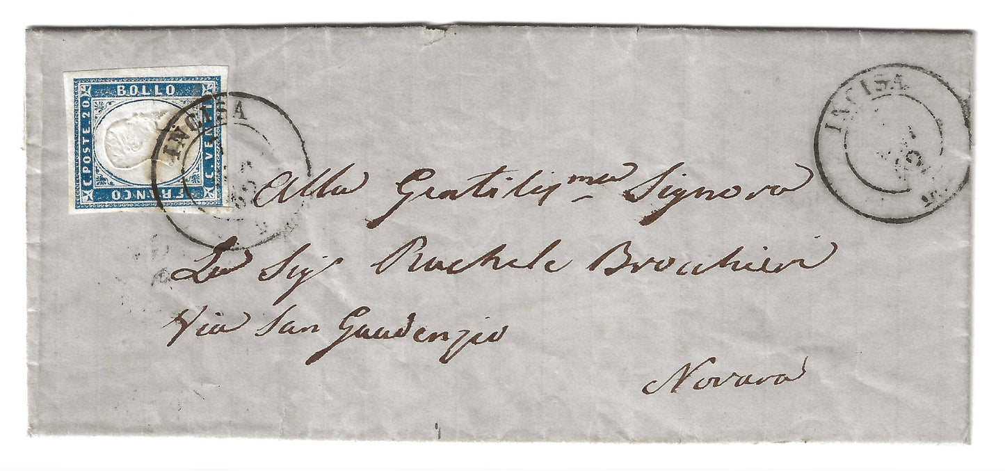 1862 Regno di Sardegna - Piego di lettera da INCISA a Novara con francobollo da 20 cent. IV emissione