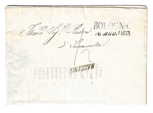1853 Stato Pontificio - Bando da Crespellano a Serravalle con francobollo da ½ baj. e BOLOGNA
