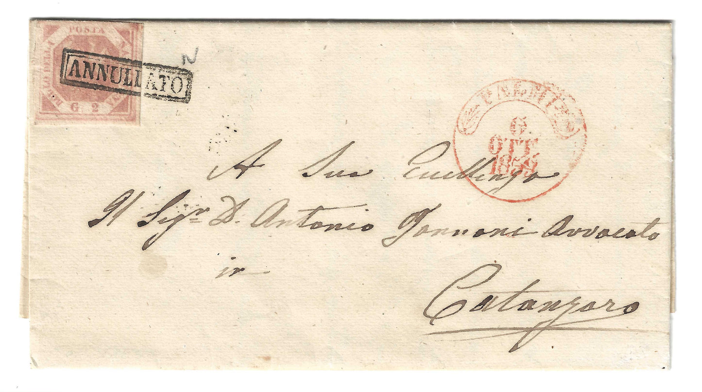 1858 Regno di Napoli - Francobollo da 2 grana rosa chiaro su lettera per Catanzaro da Palmi
