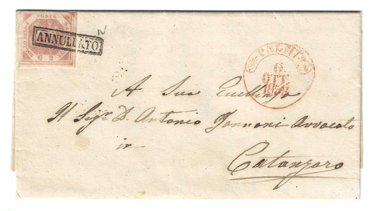 1858 Regno di Napoli - Francobollo da 2 grana rosa chiaro su lettera per Catanzaro da Palmi