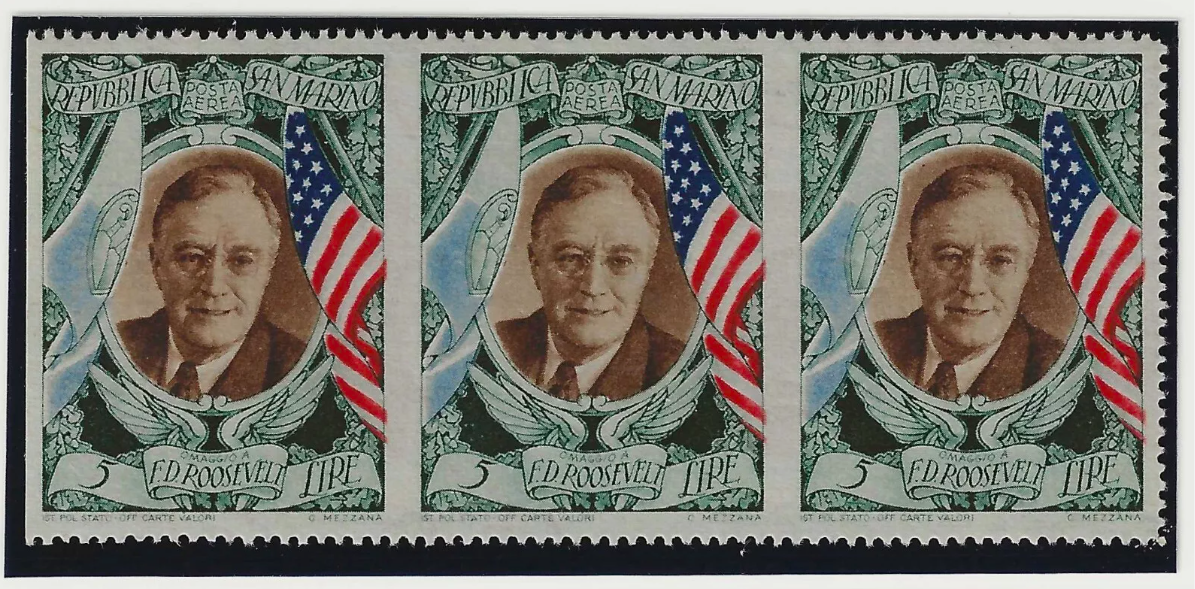 1947 San Marino - 5 L. striscia Roosevelt Posta Aerea varietà MNH**