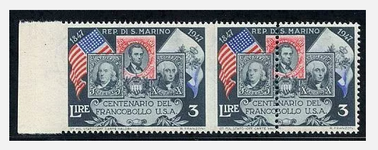 1947 San Marino - Centenario francobolli USA 3 L. varietà MNH**