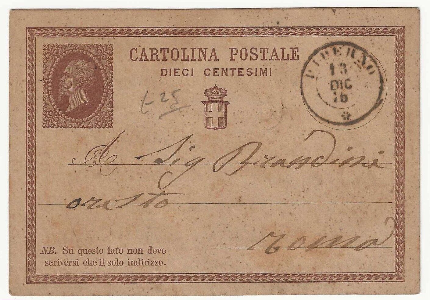 Regno d'Italia - Cartolina Postale 10 c. 1874 con annullo doppio cerchio Piperno