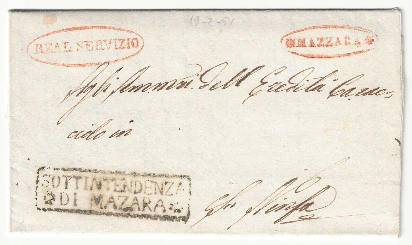 Sicilia - Prefilatelica del 1851 con bolli rossi Mazara e Real Servizio