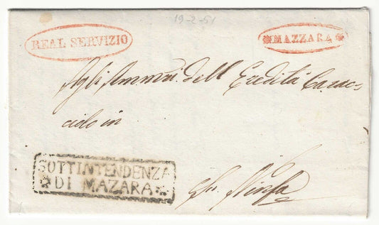 Sicilia - Prefilatelica del 1851 con bolli rossi Mazara e Real Servizio