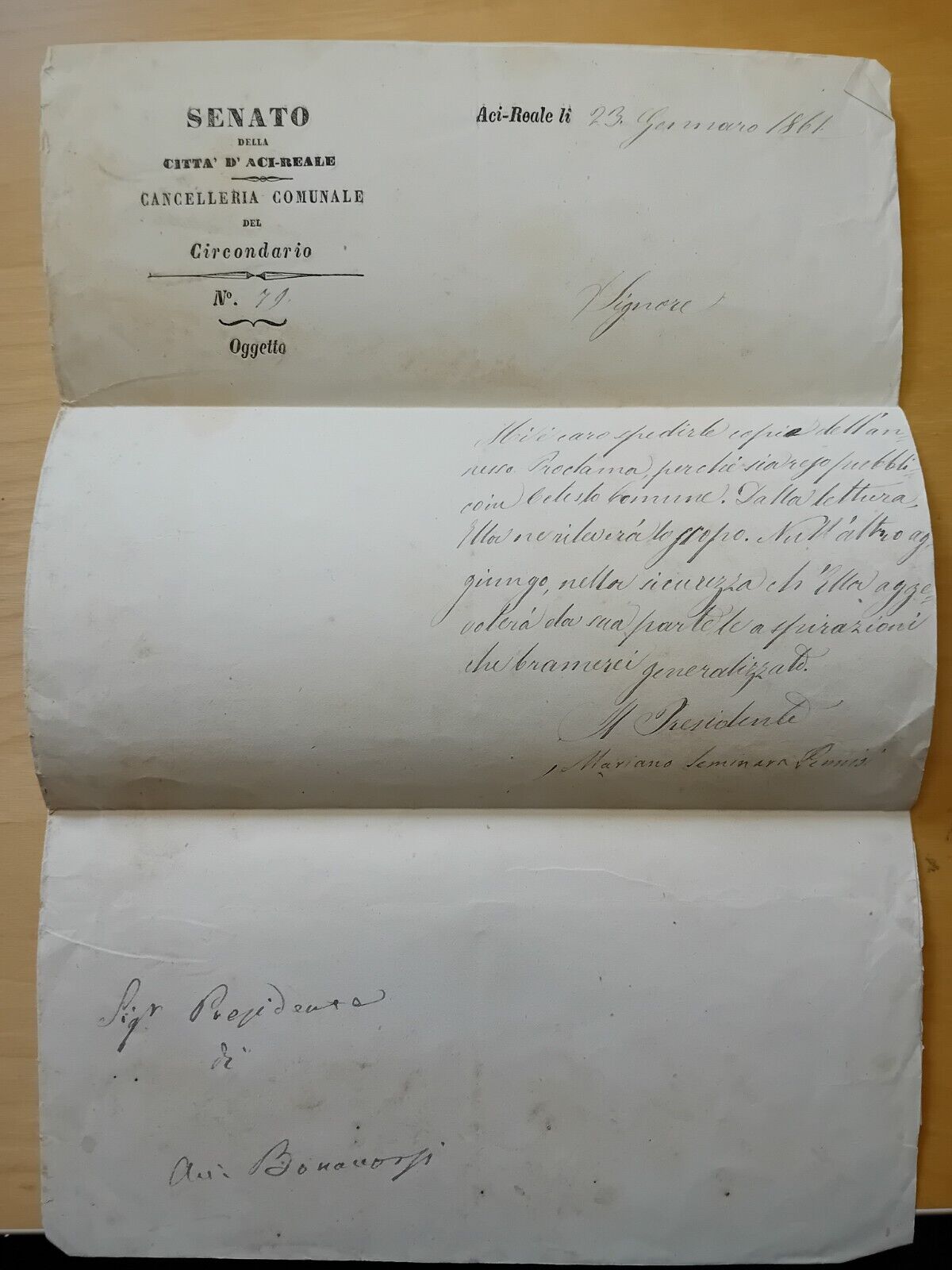 Sicilia - Prefilatelica del 23 gennaio 1861 con bollo nero Acireale RARO