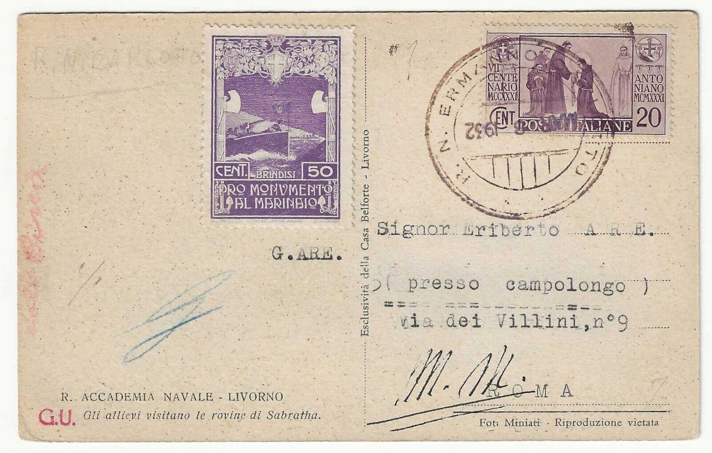 Regno d'Italia - Cartolina del 1932 per Roma bollo marittimo Regia Nave Carlotto