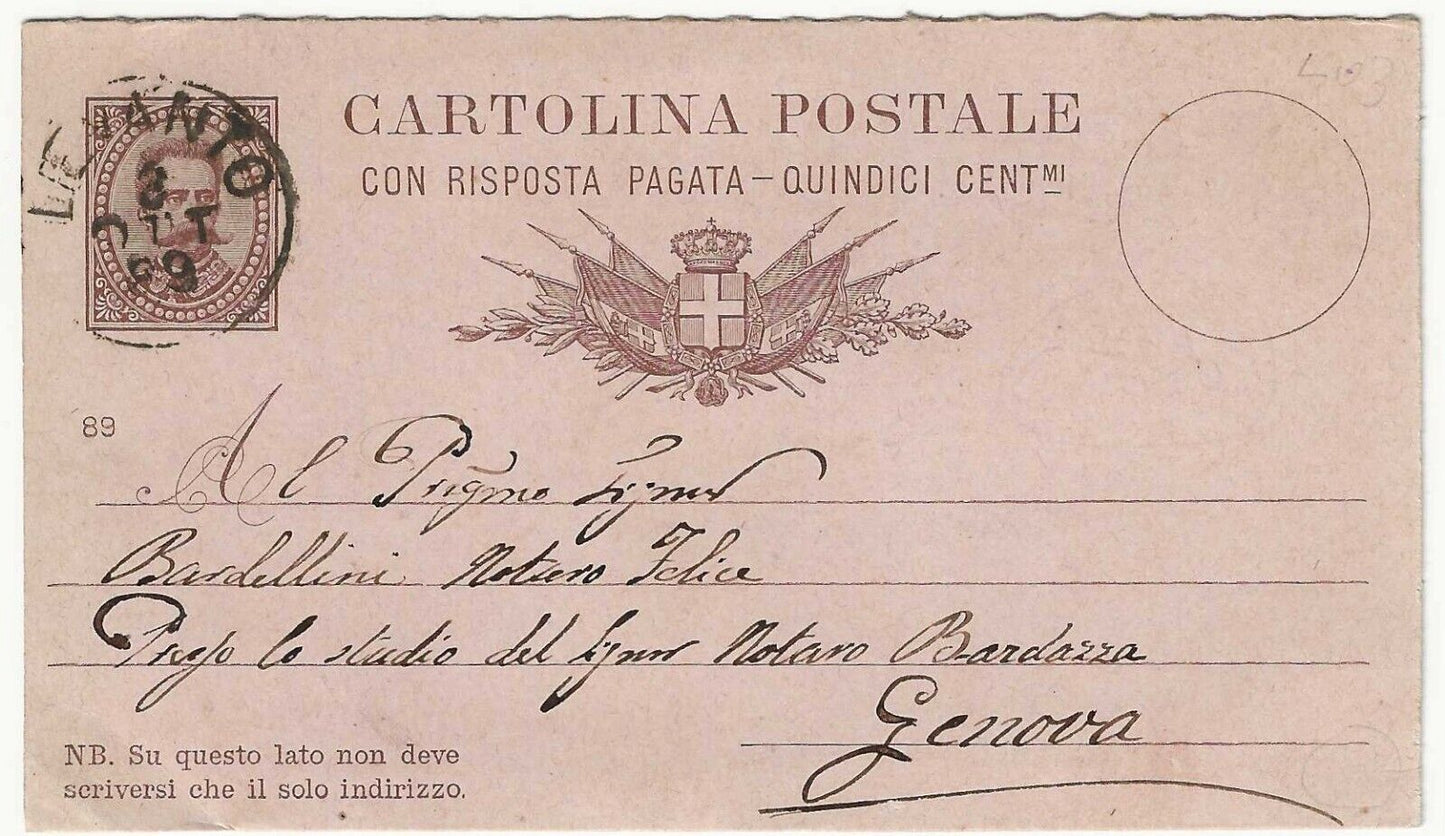 1879 Regno d'Italia - Cartolina parziale 15 c. bruno su rosa Umberto usata (89)