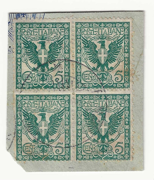 Regno d'Italia - Frammento con quartina usata 5 cent. Floreale 1901