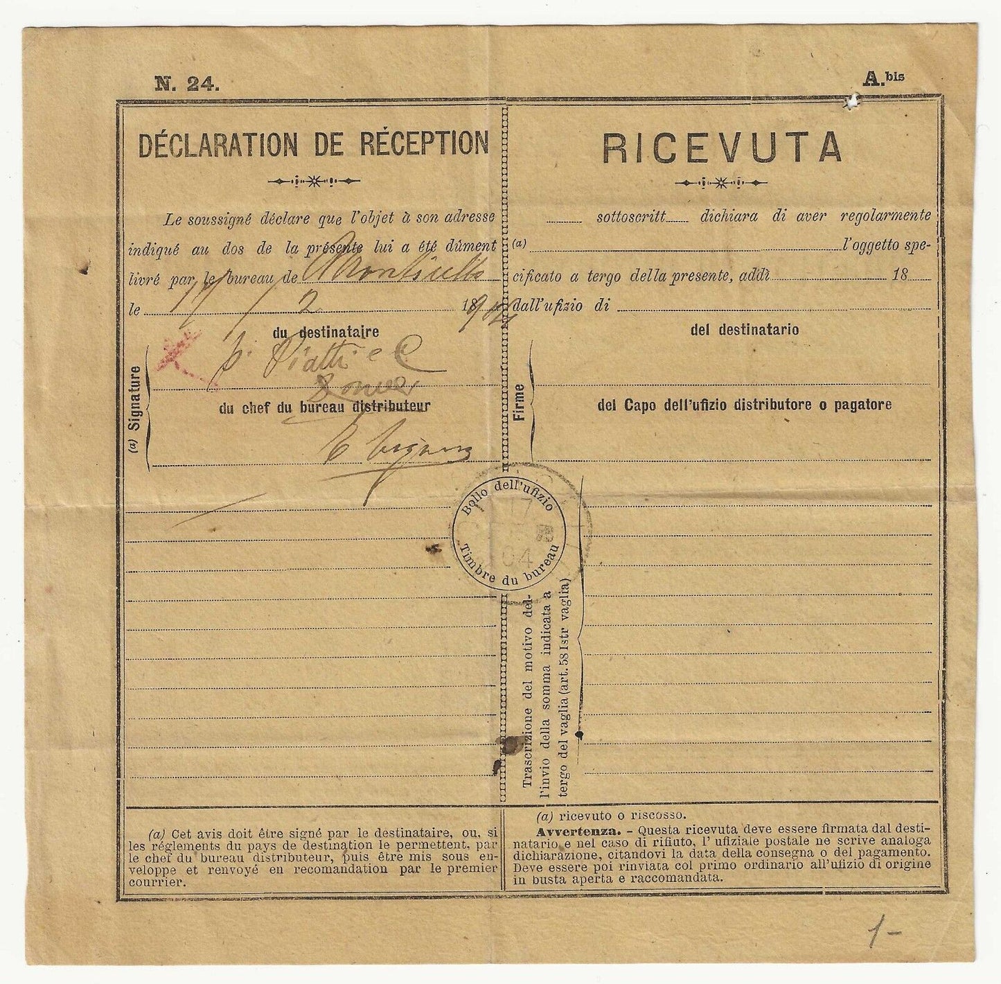 Regno d'Italia - Ricevuta di ritorno con 20 c. Floreale 1901 annullo Missaglia