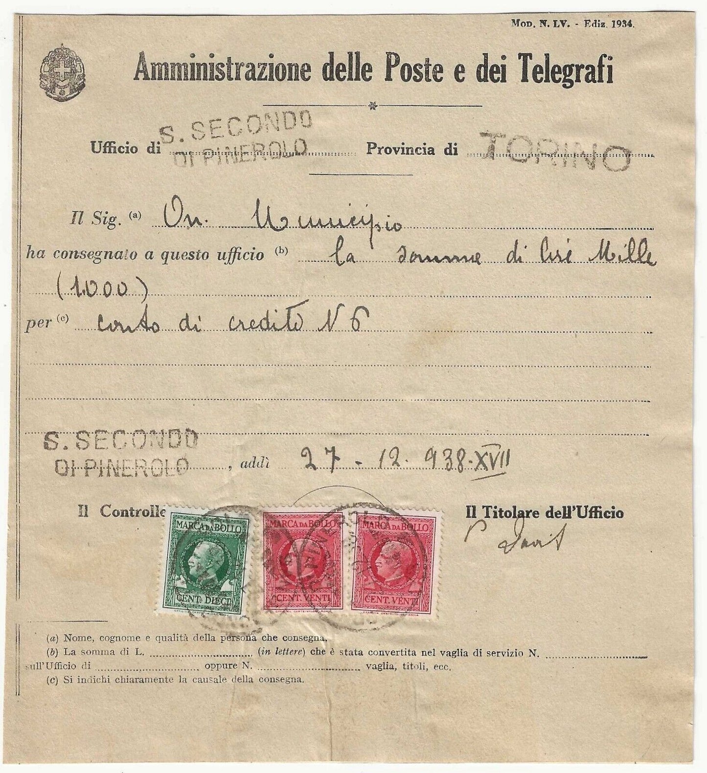 Regno d'Italia - Marche da bollo 10 + coppia 20 c. 1938 su ricevuta Poste