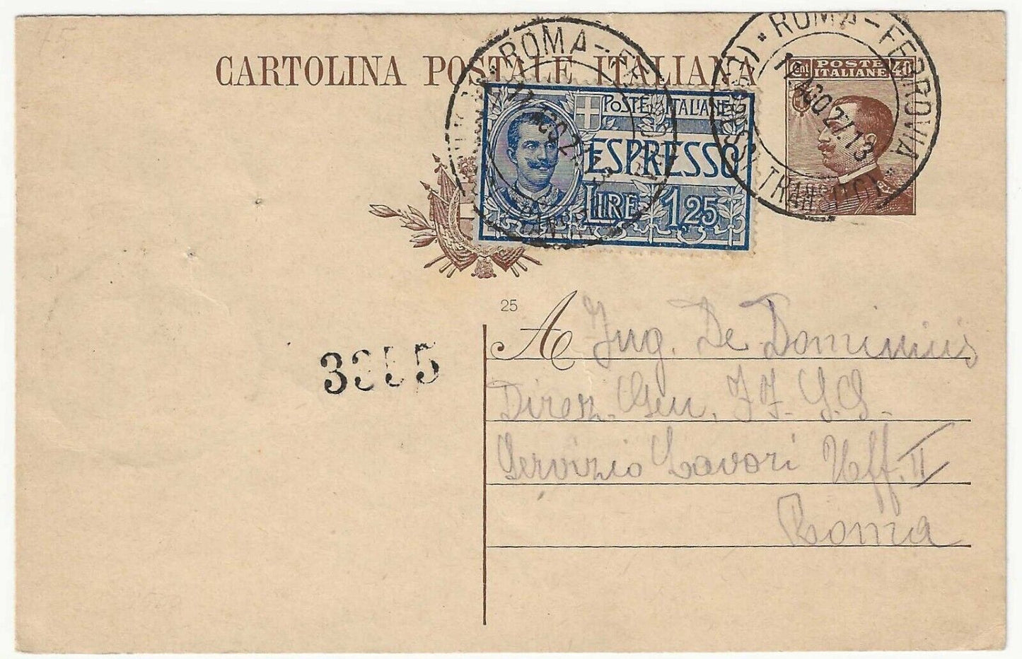 1923 Regno - Cartolina Michetti 40 c. bruno + 1,25 L. Espresso per Roma