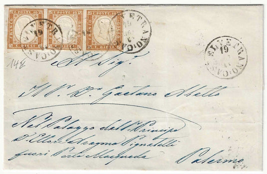 Antichi Stati (Sardegna) Striscia 10 c. IV emissione 1863 annullo Castelvetrano